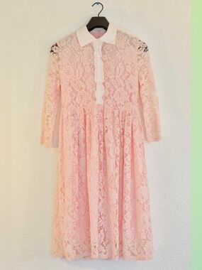 REDVALENTINO Pink Lace Midi Dress with White Collar